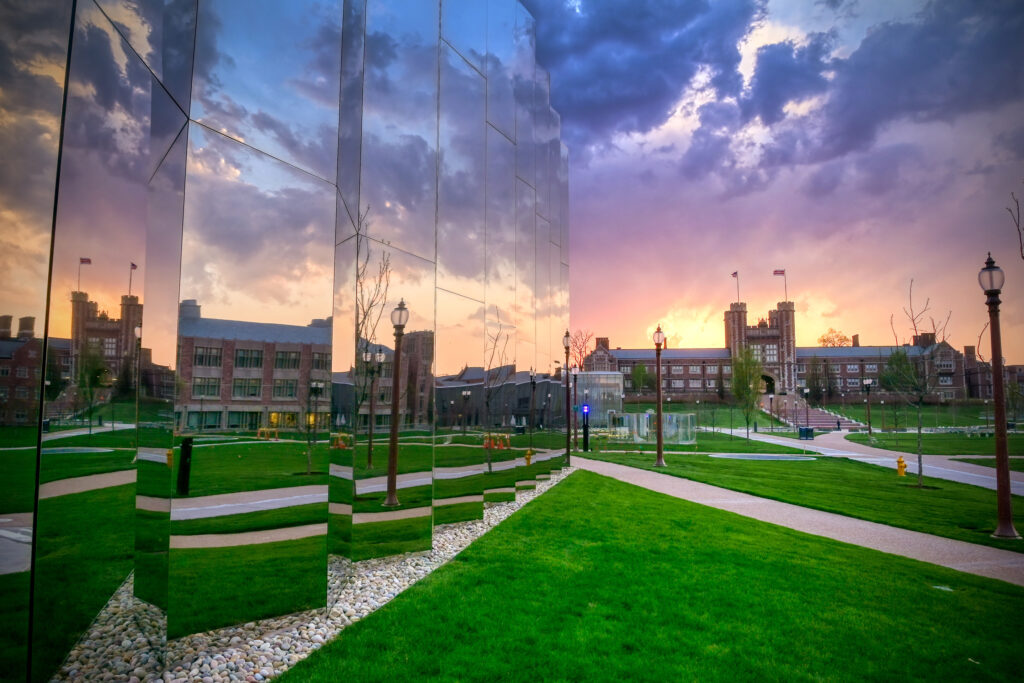 View of Brookings Hall during sunset